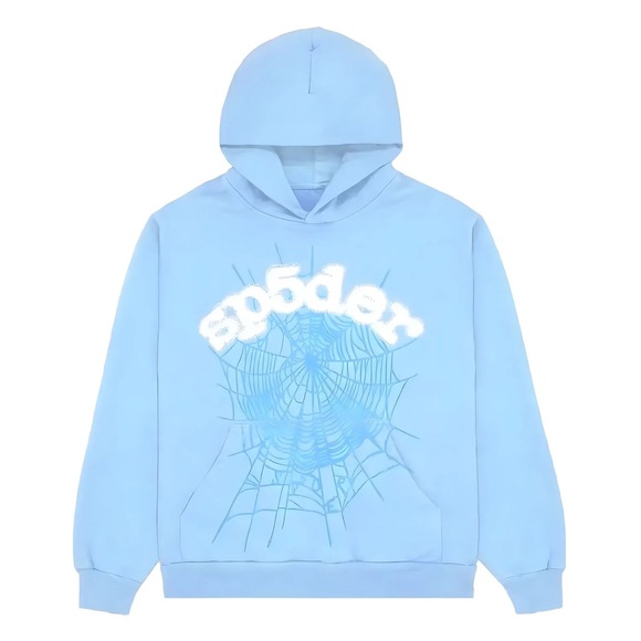 Sp5der Light Blue Pullover Sweater with Web Graphic Design